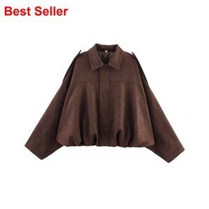 Oversized Faux Suede Bomber Jacket, Cropped Lapel Pilot Coat for Streetwear